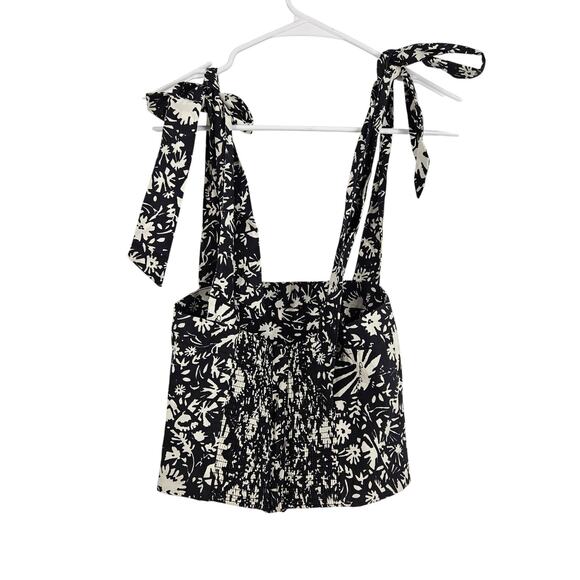 Cara Cara Helena Tank Top Black White Floral Tie Straps Smocked Back Crop Sz XS - Picture 7 of 7